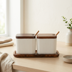 Sugar Bowl with Wooden Lid 2 Pieces 