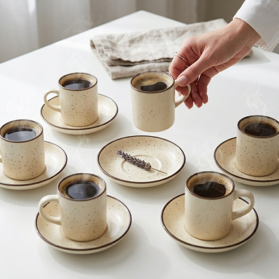Porcelain Coffee Cup and Saucer Set - 6 Pcs