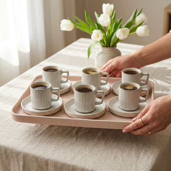 Porcelain Coffee Cup and Saucer Set - 6 Pcs