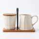 Sugar Bowl & Creamer Set With Wooden Stand