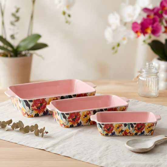Floral Porcelain Casserole Set 3 Pcs