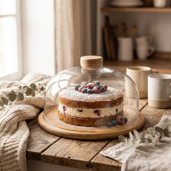 Glass Serving Tray with Wooden Base