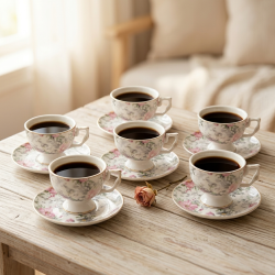 Porcelain Coffee Cup and Saucer Set - 6 Pcs