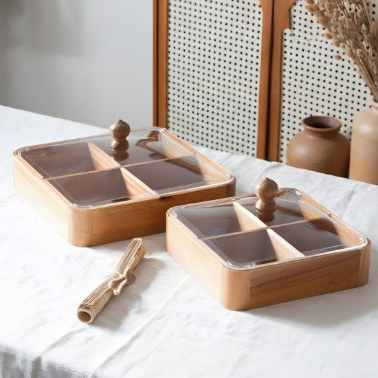 Wooden Four-Section Serving Platter with Acrylic Lid Large