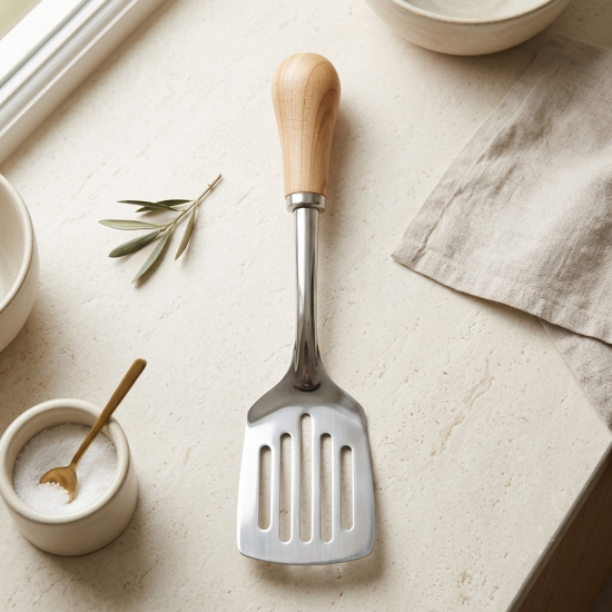 Steel spoon with a wooden handle