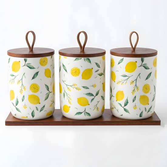 Lemon Pattern Porcelain Jar Set - 3 Pcs