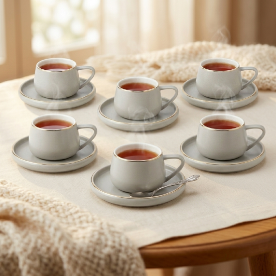 Porcelain Tea Cup and Saucer Set - 6 Pcs