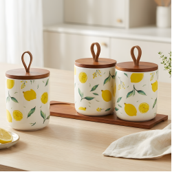 Lemon Pattern Porcelain Jar Set - 3 Pcs
