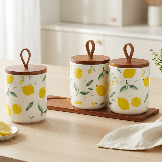 Lemon Pattern Porcelain Jar Set - 3 Pcs