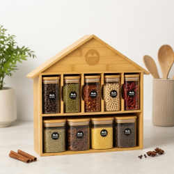 Glass Jar Set 9 Pcs With Wooden Organizer