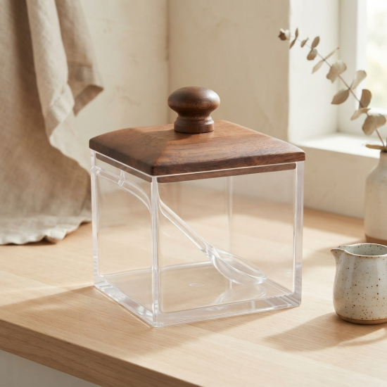 Acrylic Sugar Bowl With A Walnut Wood Lid
