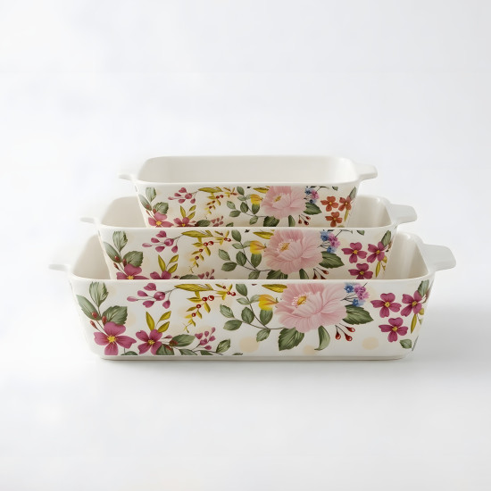 Floral Porcelain Casserole Set 3 Pcs