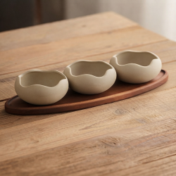 Porcelain Bowl Set 3 Pieces With Wooden Base