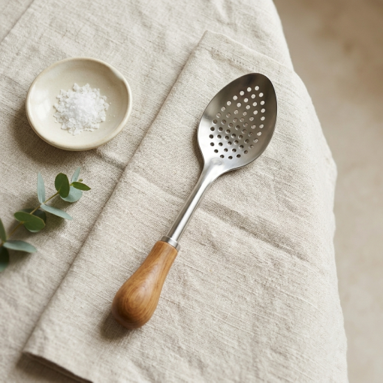 Steel spoon with a wooden handle