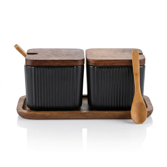 Sugar Bowl with Wooden Lid 2 Pieces 