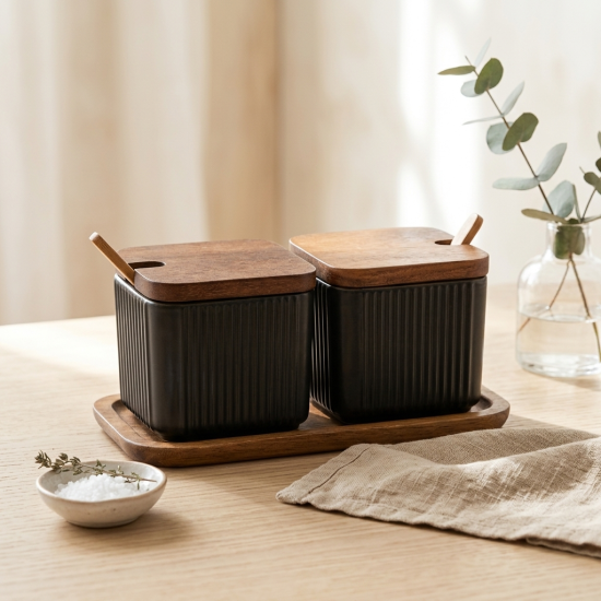Sugar Bowl with Wooden Lid 2 Pieces 