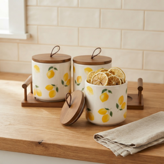 Lemon Pattern Porcelain Jar Set - 3 Pcs