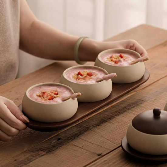 Porcelain Bowl Set 3 Pieces With Wooden Base