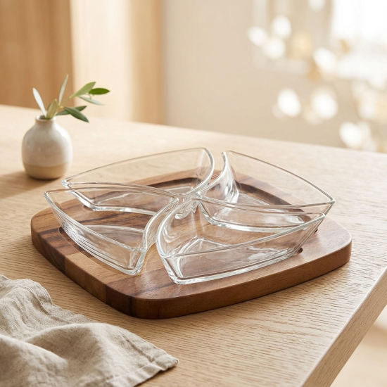 Glass Serving Bowls 4 Pcs with Wooden Stand