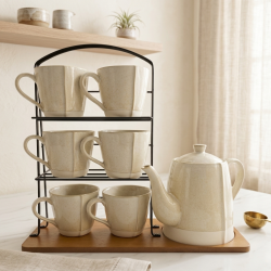 Mug Set 6 Pcs With Wooden Stand & Teapot