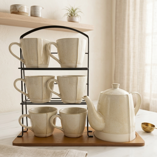Mug Set 6 Pcs With Wooden Stand & Teapot
