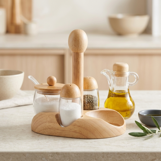 Wooden And Acrylic Oil Dispenser And Sugar Bowl 4 Pieces Wooden And Acrylic Oil Dispenser And Sugar Bowl 4 Pieces