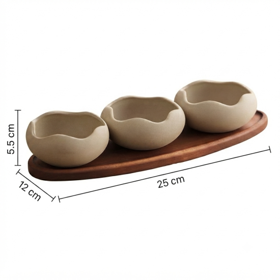 Porcelain Bowl Set 3 Pieces With Wooden Base