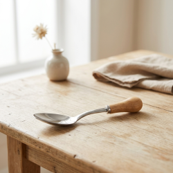 Steel spoon with a wooden handle