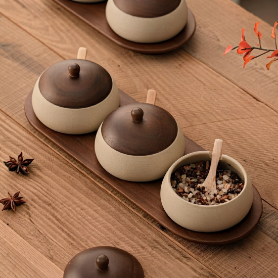 Porcelain Bowl Set 3 Pieces With Wooden Base