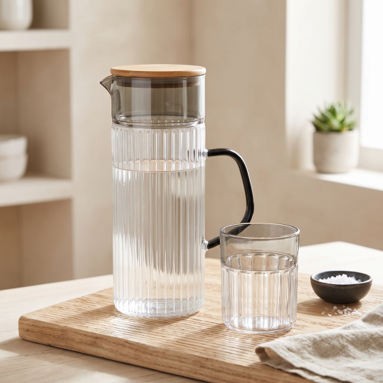 Glass Jug with Wooden Lid And Cup
