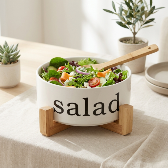 Porcelain Bowl with Wooden Stand