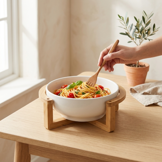 Porcelain Bowl with Wooden Stand