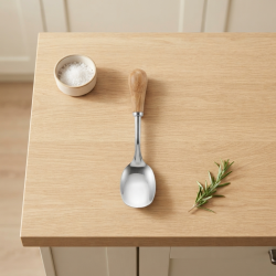 Steel spoon with a wooden handle