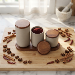Porcelain Spice Set With Wooden Base 3 Pieces
