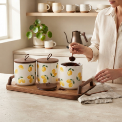 Lemon Pattern Porcelain Jar Set - 3 Pcs