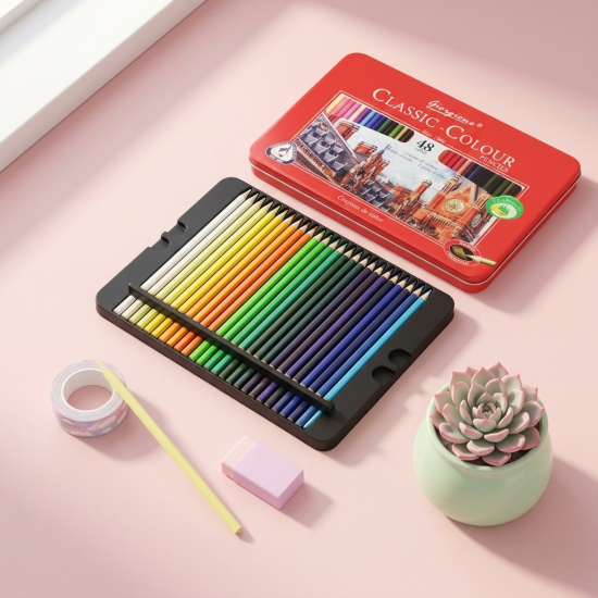 Wooden Colored Pencils in A Metal Box 48 Pcs