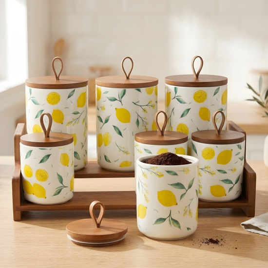 Lemon Pattern Porcelain Jar Set - 7 Pcs