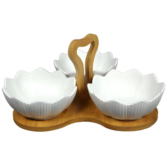 Porcelain Bowl 5.5 Inch Set with Wooden Stand 3 Pcs