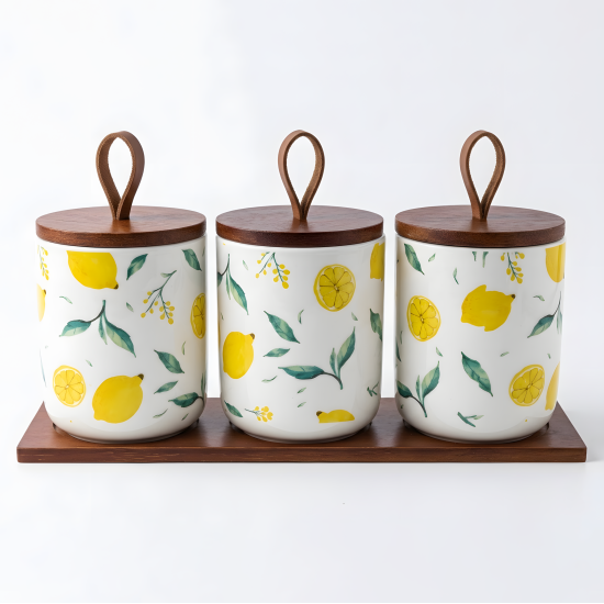 Lemon Pattern Porcelain Jar Set - 3 Pcs