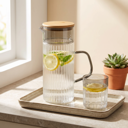 Glass Jug with Wooden Lid And Cup