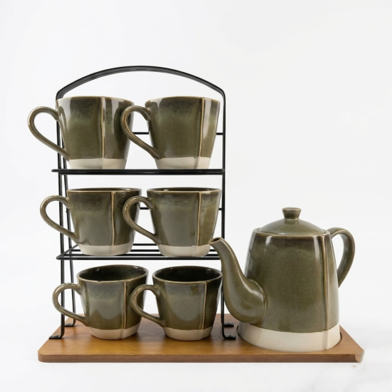 Mug Set 6 Pcs With Wooden Stand & Teapot
