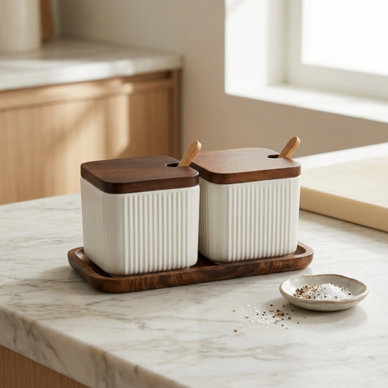 Sugar Bowl with Wooden Lid 2 Pieces 