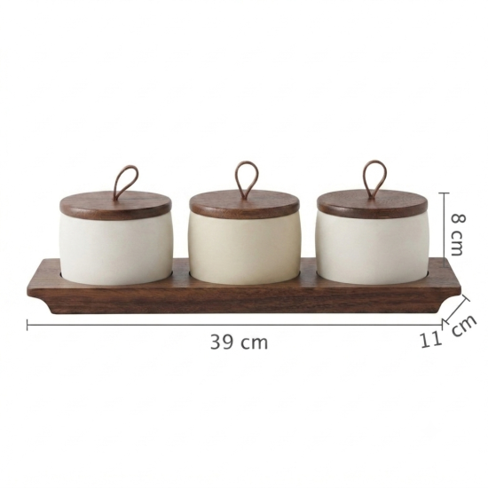 Porcelain Jar Set With Wooden Base 3 Pieces