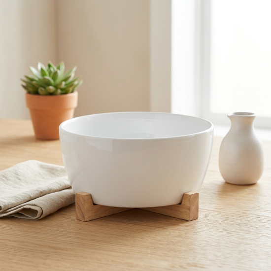 Porcelain Bowl with Wooden Stand