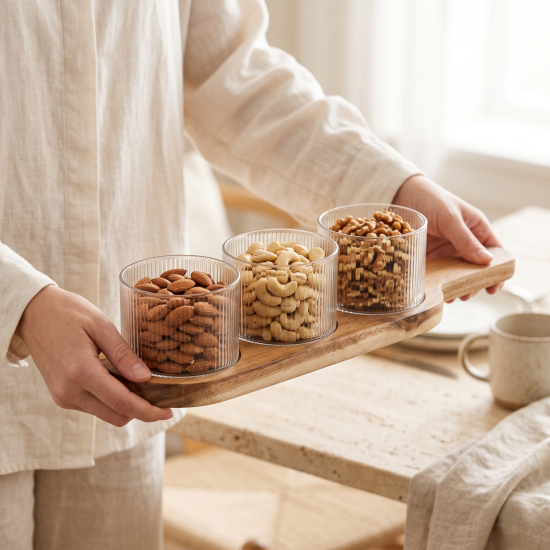 Glass Bowls 3 Pcs With Wooden Tray
