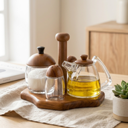 Wooden Oil Dispenser And Sugar Bowl 4 Pieces 