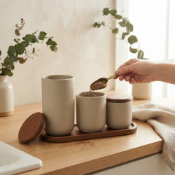 Porcelain Spice Set With Wooden Base 3 Pieces