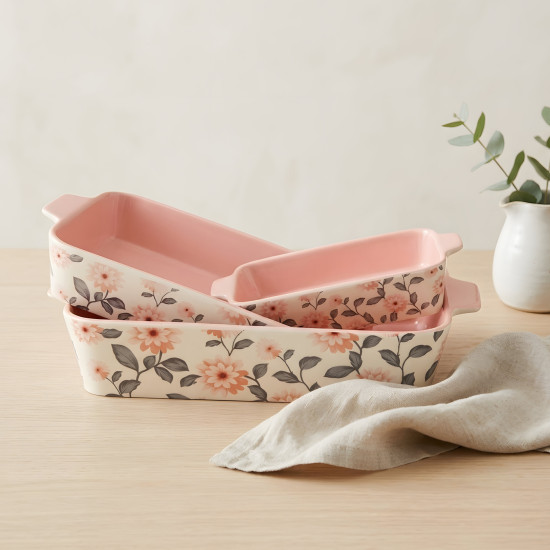 Floral Porcelain Casserole Set 3 Pcs