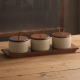 Porcelain Jar Set With Wooden Base 3 Pieces