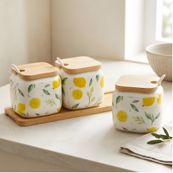 Lemon Pattern Porcelain Jar Set - 3 Pcs